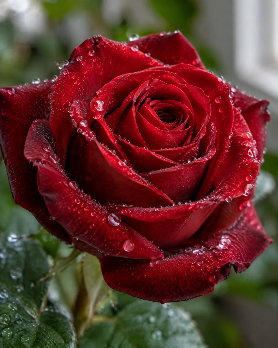A deep red rose opening